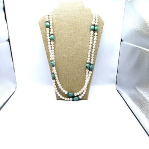 Elegant Pearl and Turquoise Colored Necklace Extra Long